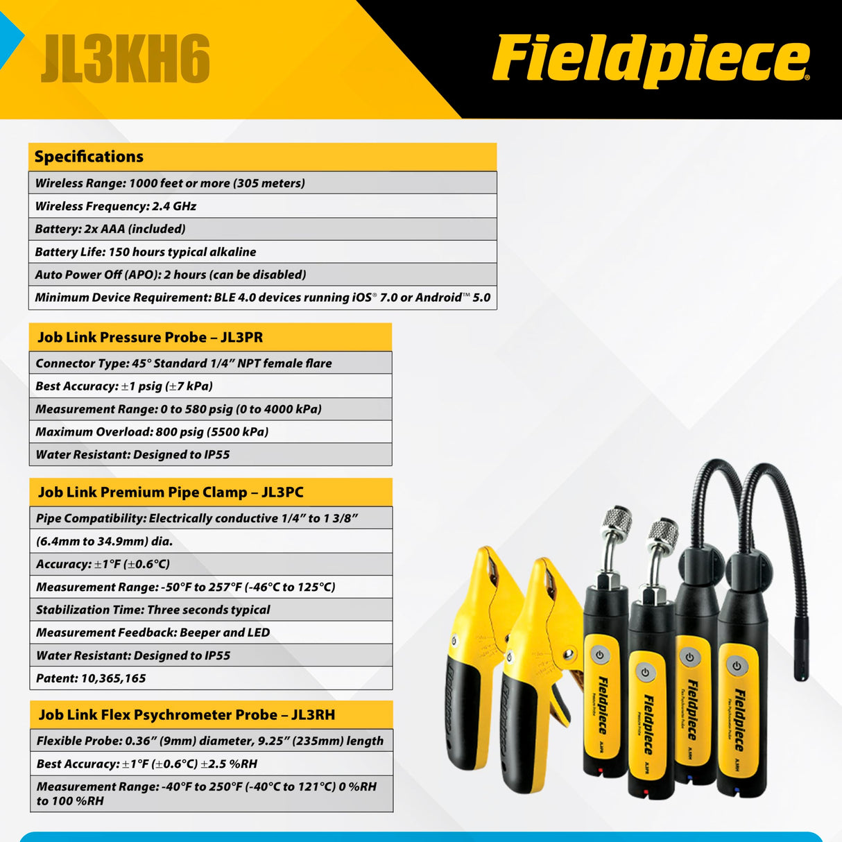 Fieldpiece JL3KH6 HVACR Charge and Air Kit, Yellow