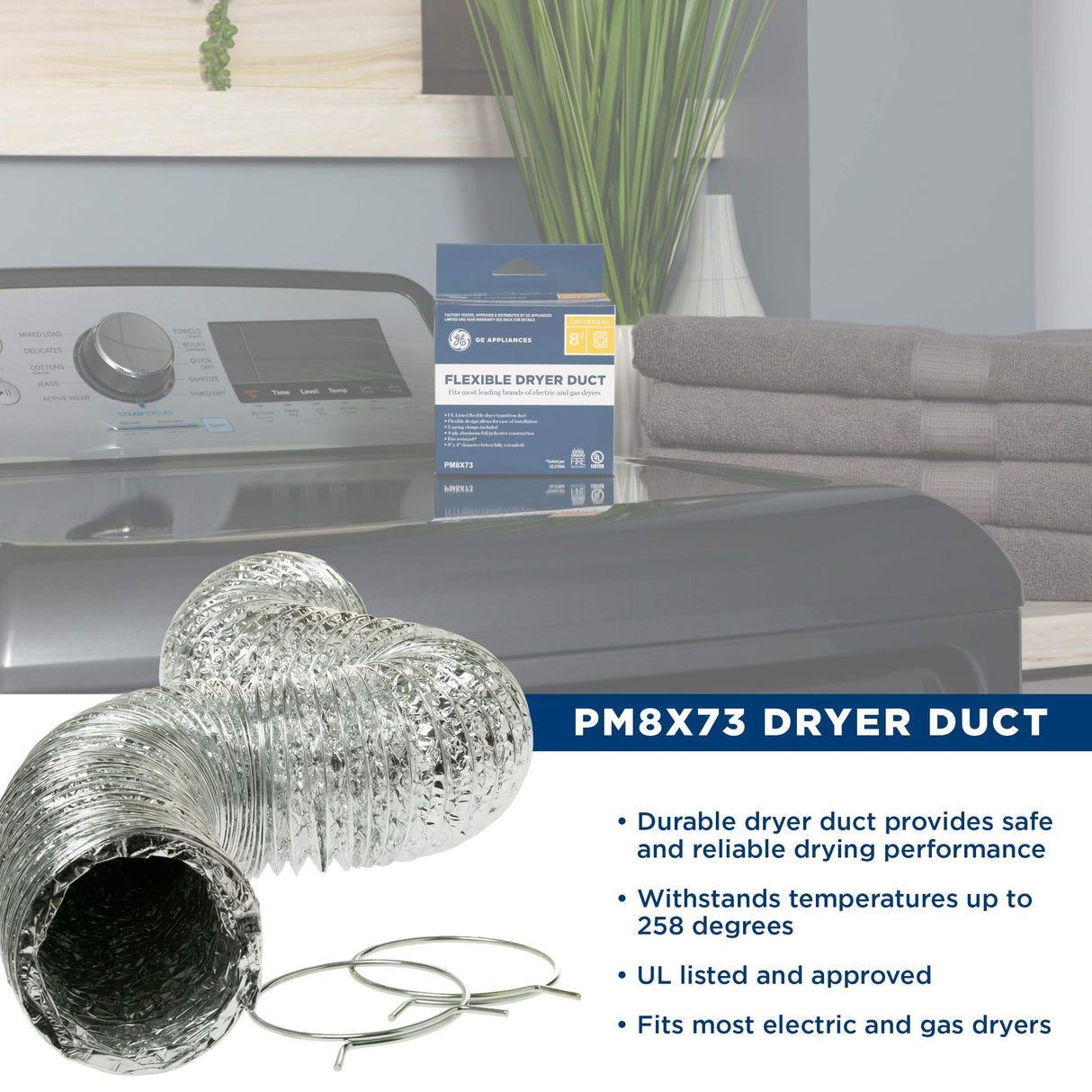 GE PM8X73 Genuine OEM Flexible 4-Ply Aluminum Clothes Dryer Vent Duct 4 inch 8 feet with Clamps