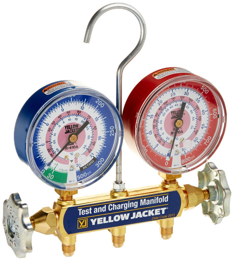 Yellow Jacket 42021 Manifold Only with 3-1/8" Color-Coded Gauges, bar/psi, R-410A (Clamshell)