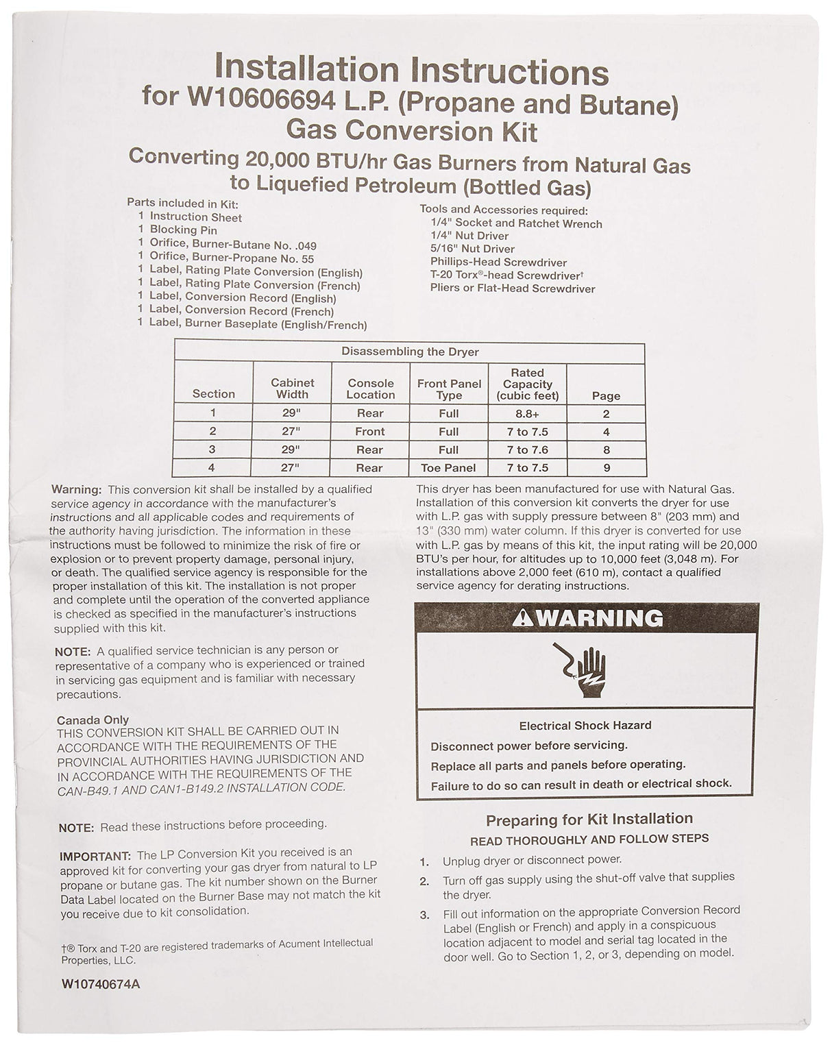 Whirlpool W10606694A Genuine OEM Conversion Kit For Gas Dryers – Replaces 8576846, 8576846A, W10293913, W10317689, W10307153, W10606694 and 49576