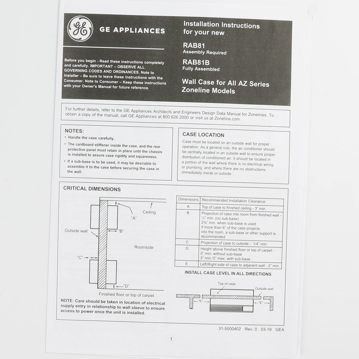 GE RAB81 Genuine OEM Zline Wall Case-Az46/Az65 Series-Unassmb