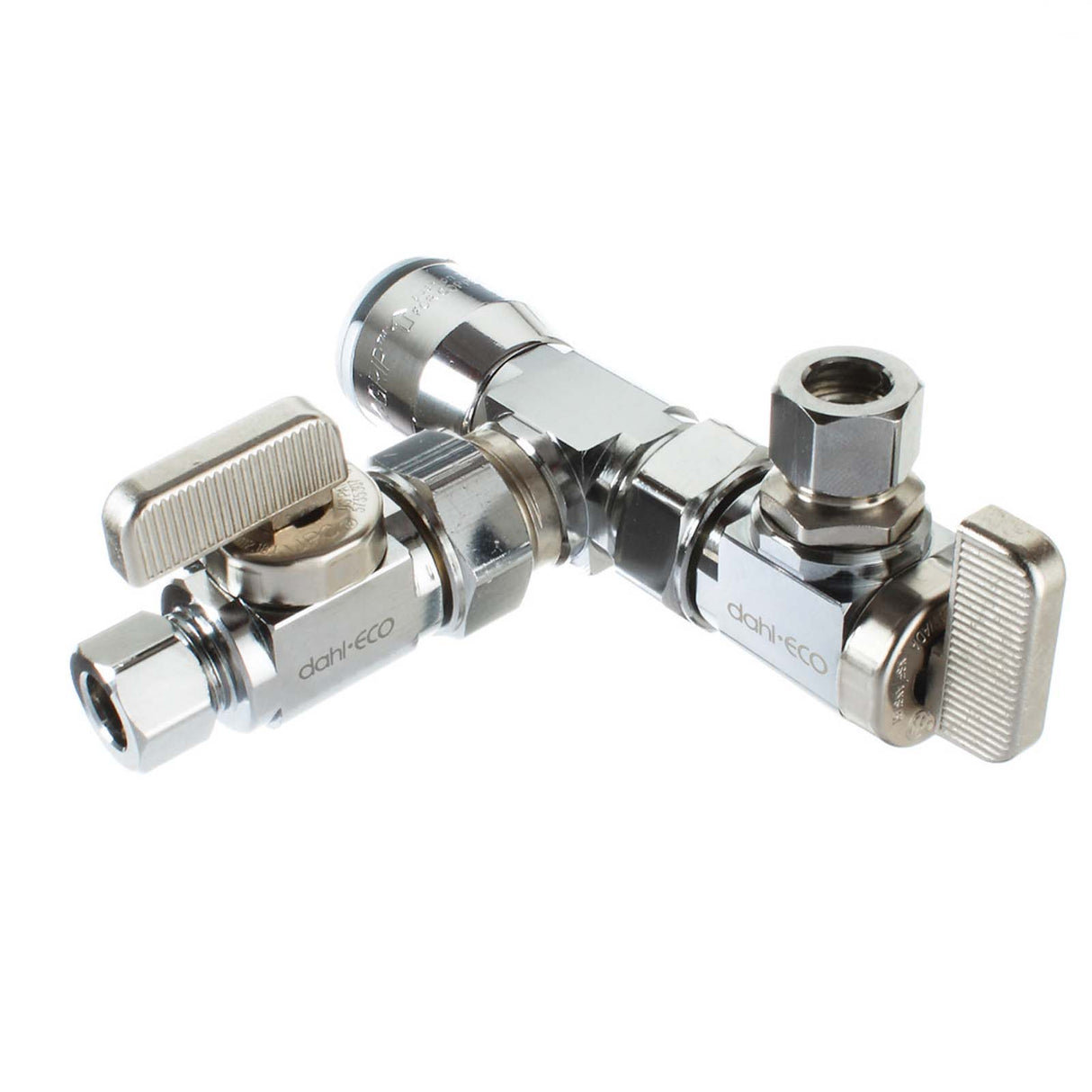 Dahl EQG3-6001 1/2" x 3/8" x 3/8" Chrome Plated Brass (Lead Free) 1/4-Turn Dual Shut-Off Valve