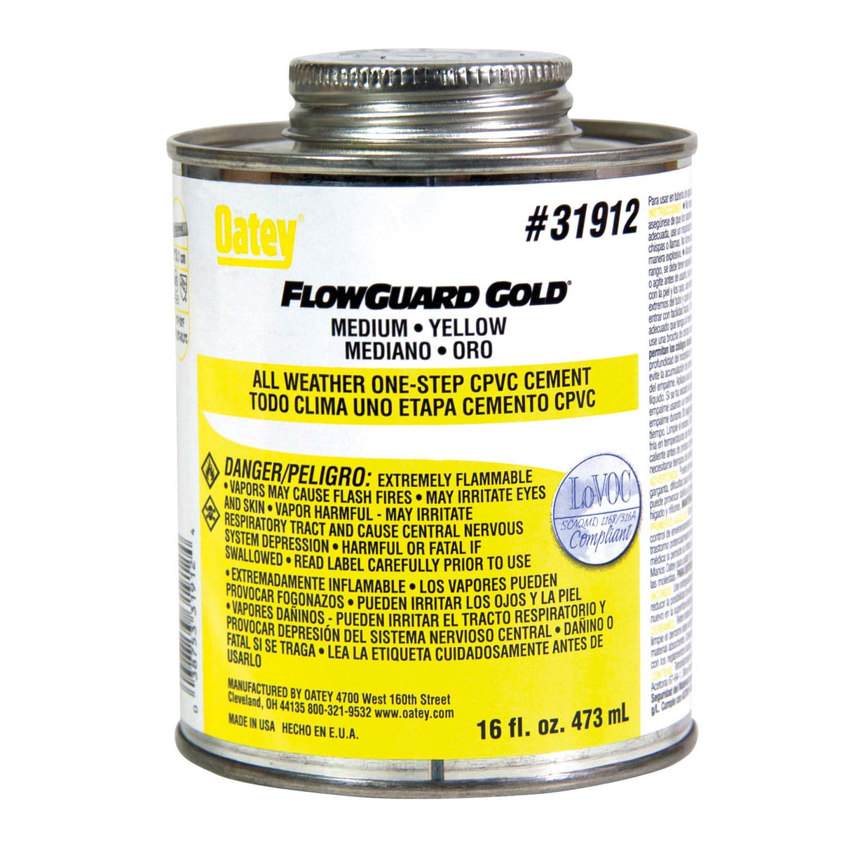 Oatey FlowGuard Gold 31912 All Weather 1-Step CPVC Cement, 16 oz Can, Yellow