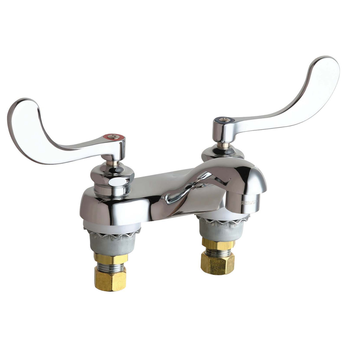 Chicago Faucets 802-V317ABCP Deck Mounted Centerset Hot and Cold Water Sink Faucet with 4" Centers, Wrist Blade Handles
