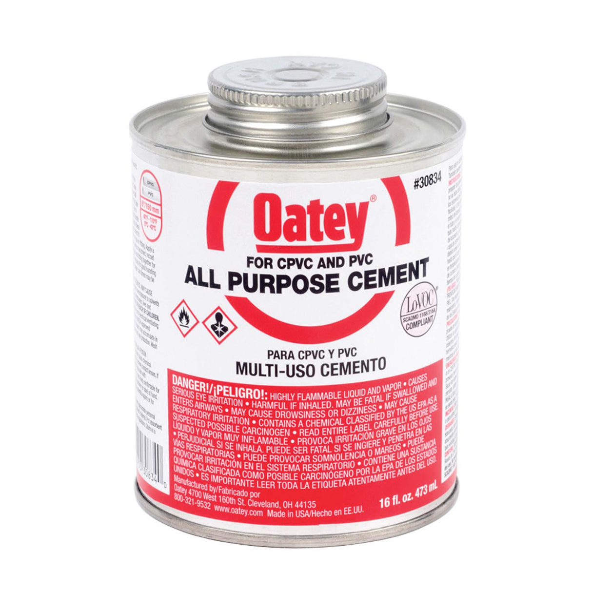Oatey 30834 Multi/All-Purpose PVC/CPVC Cement, 16 oz Can, Milky Clear
