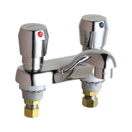 Chicago Faucets 802-V765ABCP Deck Mount Centerset Metering Faucet with 4" Centers, Push Buttons, Vandal Proof Aerator