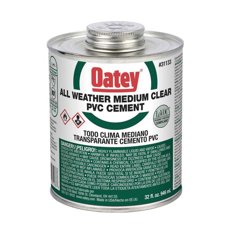 Oatey 31133 All Weather Medium Hot and Cold PVC Cement, 32 oz Can, Clear