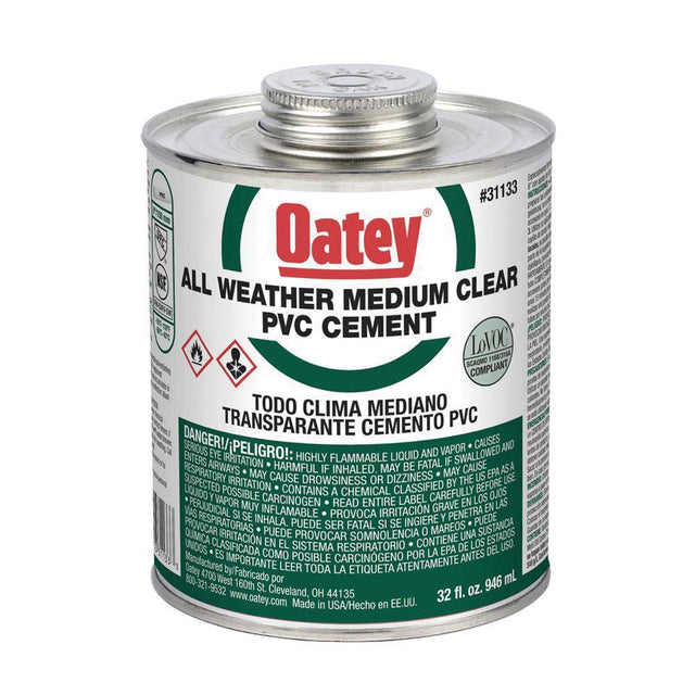 Oatey 31133 All Weather Medium Hot and Cold PVC Cement, 32 oz Can, Clear