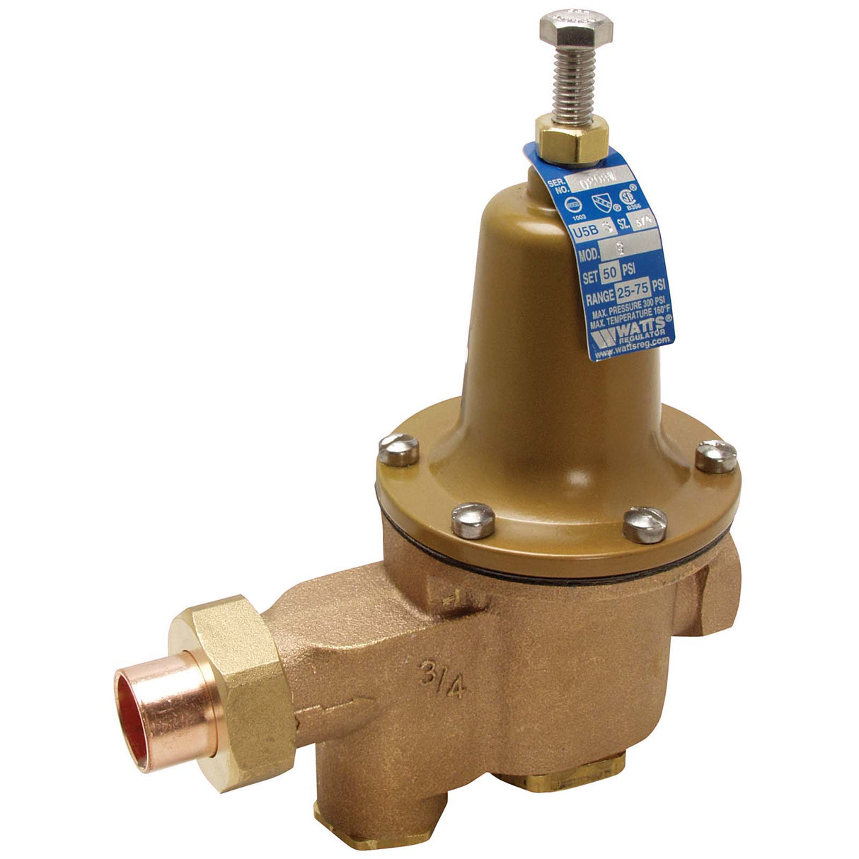 3/4" Solder Union x FIP Pressure Reducing Valve, Bronze