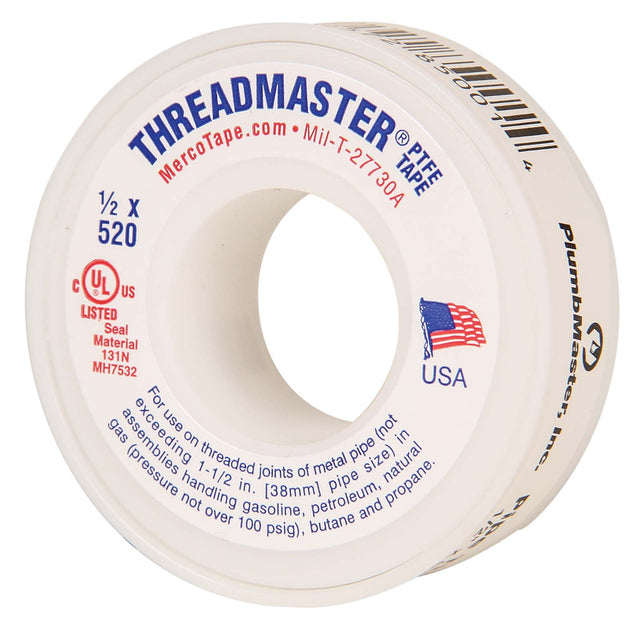 PlumbMaster Approved 96428 Domestic Teflon Tape, 520" Length x 1/2" Width