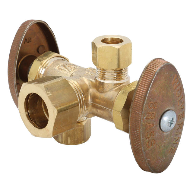 1/2" x 3/8" x 1/4" Rough Brass Encore Multi-Turn Dual Outlet Shut-Off Stop