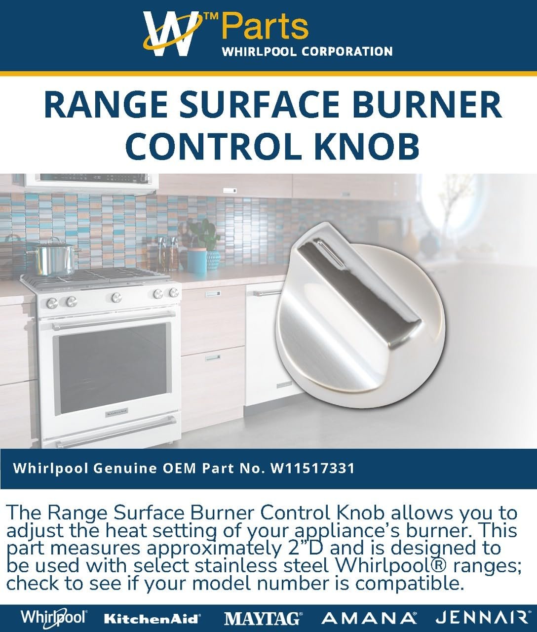 Whirlpool W11517331 OEM Range Surface Burner Control Knob