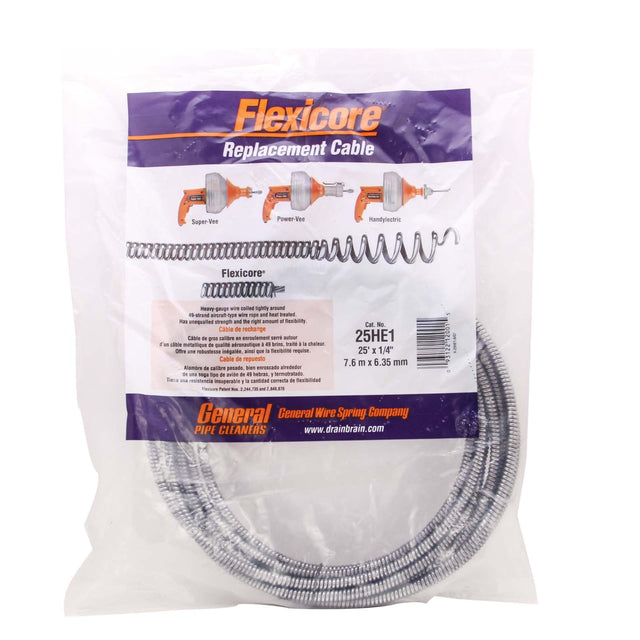 General Pipe Cleaners Flexicore 25HE1 Left Wound Cable with EL Basin Plug Head, 1/4" x 25 ft